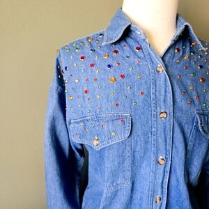 Vintage 80s Clodia Dee New York Embellished Denim Shirt with Colourful Studs